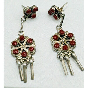 Vintage Signed Homer and Gloria Vacit Zuni 925 Sterling Coral Dangle Earrings